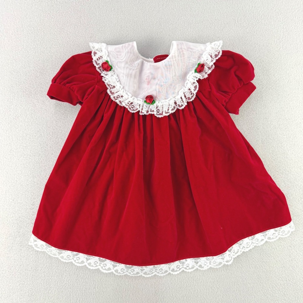 VTG Jo Lene Velvet Lace Dress Girls 2T Red Holiday Christmas Rose Detail
